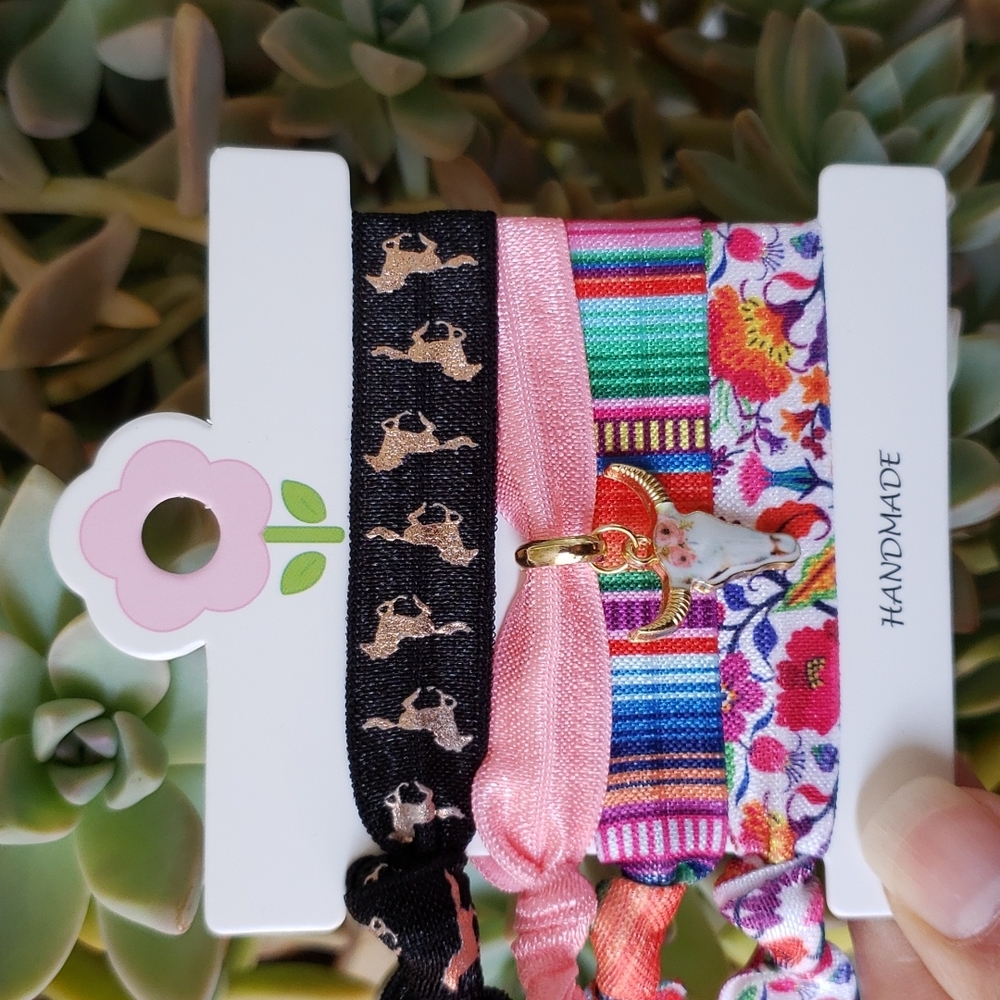 Longhorn Serape Hair Ties Flowers Floral Pony Tail Gold Horse Girly Western Farm